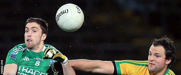 Fermanagh's Eoin Donnelly battles with Donegal's Michael Murphy in this year's McKenna Cup
