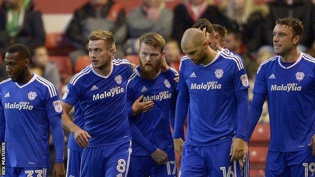 Cardiff City celebrate taking the lead against Nottingham Forest