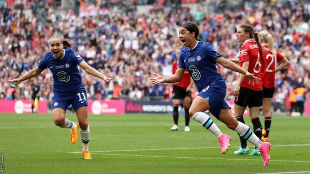 Sam Kerr celebrates a goal for Chelsea against Manchester United