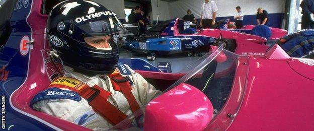 Damon Hill sits inside the Brabham BT60B Judd V10 during practice for the 1992 British Grand Prix