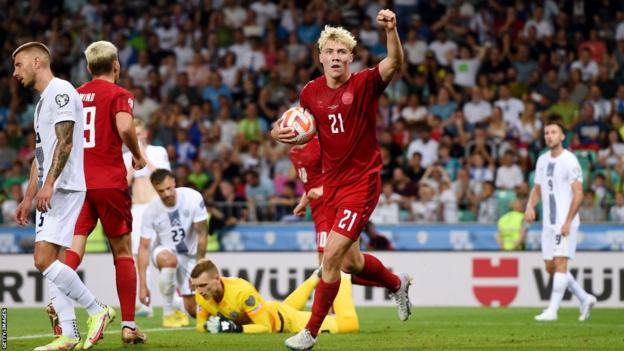 Hojlund celebrates a goal for Denmark