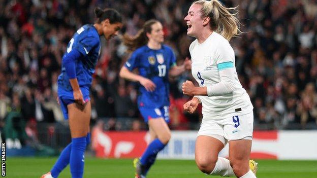 Lauren Hemp celebrates scoring against the USA at Wembley
