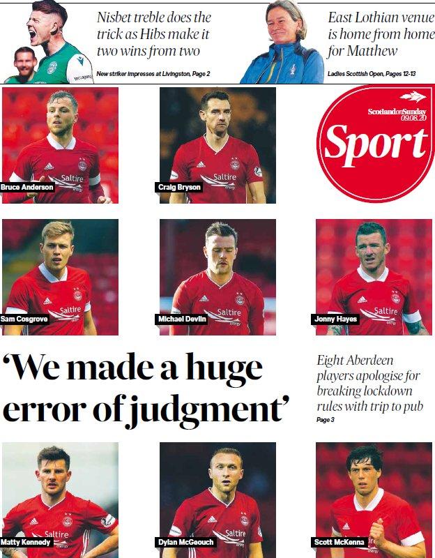 The Scotland on Sunday leads with the apology from Aberdeen players
