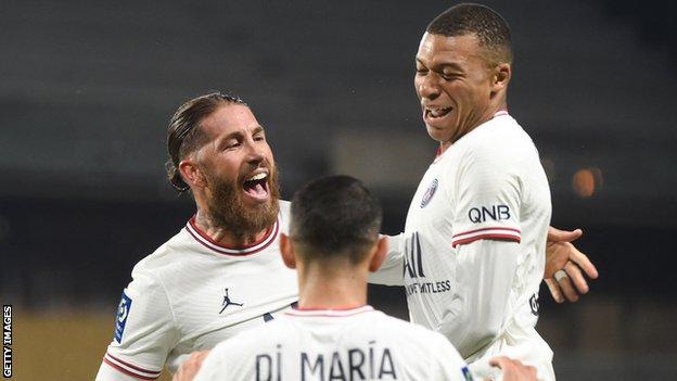 Paris St-Germain players Sergio Ramos, Kylian Mbappe and Angel di Maria celebrate against Angers