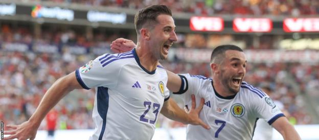 Kenny McLean and John McGinn celebrate the winning goal