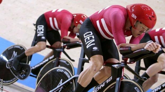 Denmark riders during qualifying for the men's team pursuit at Tokyo 2020