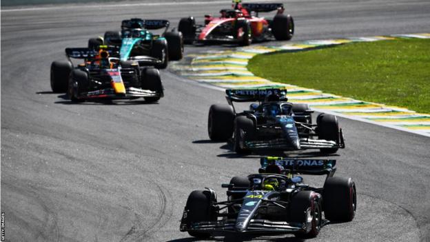 Mercedes' Lewis Hamilton and George Russell followed by Sergio Perez, Lance Stroll and Carlos Sainz in the Sao Paulo Grand Prix