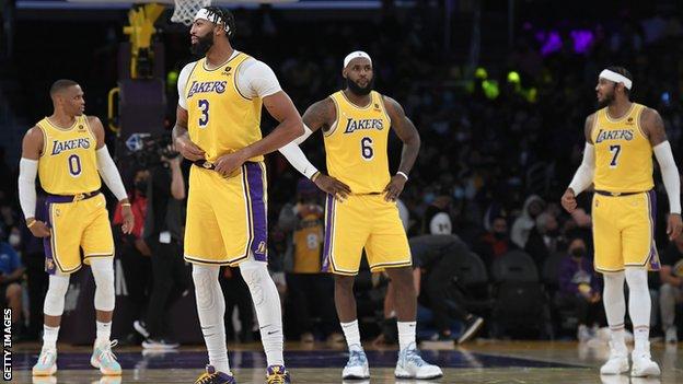 Russell Westbrook (left), Anthony Davis (centre left), LeBron James (centre right) and Carmelo Anthony (right)