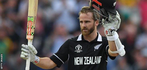 New Zealand captain Kane Williamson celebrates reaching his century against South Africa