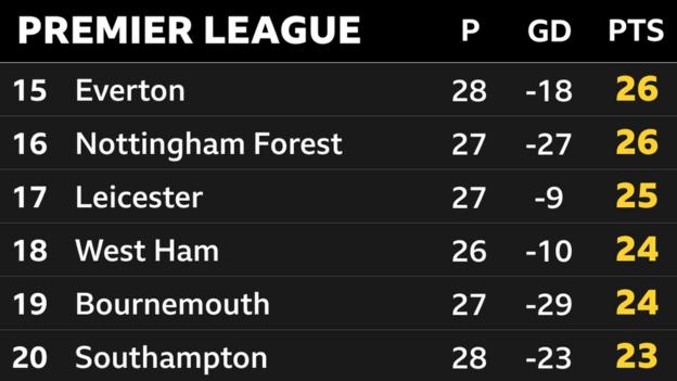  15th Everton, 16th Nottingham Forest, 17th Leicester, 18th West Ham, 19th Bournemouth & 20th Southampton