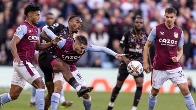 Spelers van Aston Villa en Brentford strijden om de bal in een Premier League-wedstrijd in oktober 2022
