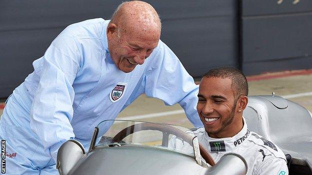 Stirling Moss with Lewis Hamilton at Silverstone ahead of the British Grand Prix in 2013