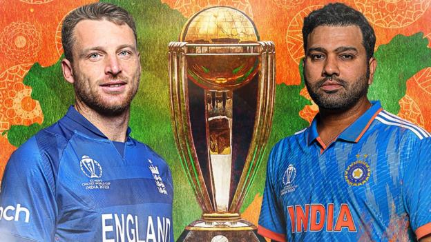Jos Buttler, left, and Rohit Sharma with the World Cup trophy