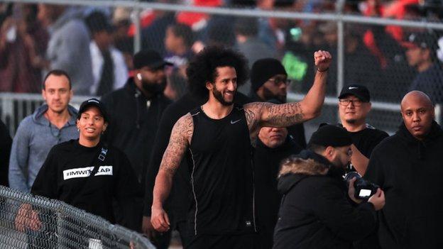 Colin Kaepernick following his NFL workout held at Charles R. Drew High School in Riverdale, Georgia