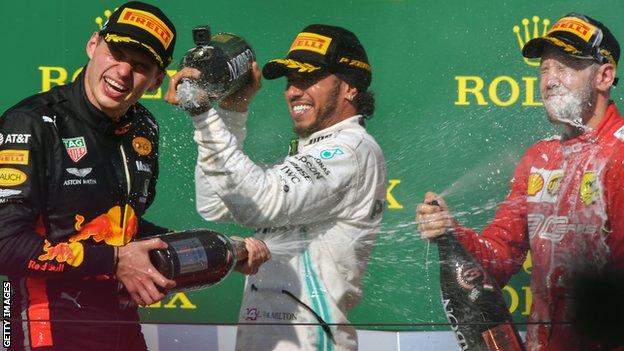 Verstappen, Hamilton and Vettel on the podium together
