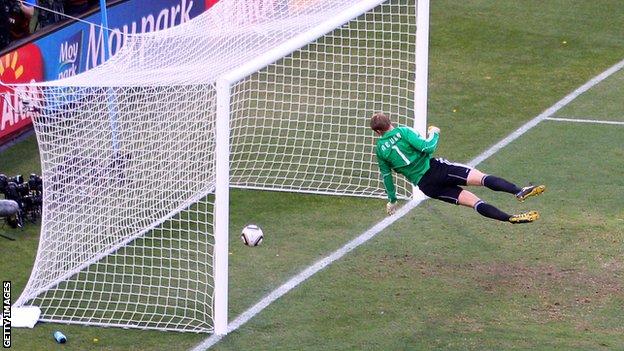 Germany goalkeeper Manuel Neuer is beaten by Frank Lampard's shot