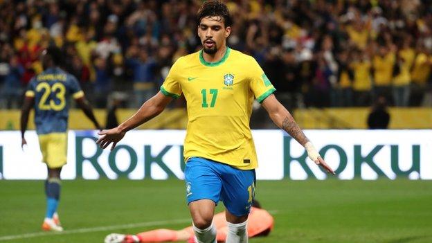 Lucas Paqueta celebrates scoring against Colombia