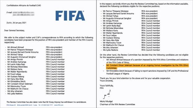 The letter from Fifa's Review Committee confirms the ongoing investigation into acting Caf president Omari