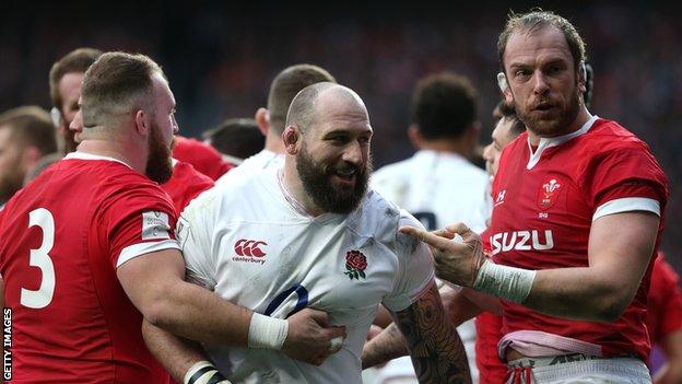 Wales captain Alun Wyn Jones (right) points at Joe Marler (centre) after the England prop grabbed his genitals