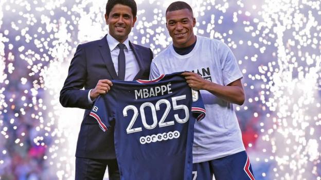 Mbappe, pictured with with PSG president Nasser Al-Khelaifi, celebrated his new deal with a hat-trick in a 5-0 win over Metz