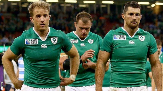 Luke Fitzgerald, Rhys Ruddock and Rob Kearney look dejected after Ireland's World Cup exit against Argentina