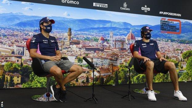 Racing Point's Sergio Perez and Lance Stroll during a news conference