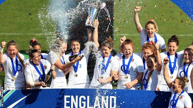 England celebrate with Six Nations trophy