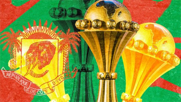A colorful red and green composite image showing outlines of three Afcon trophies combined with a stamp of an official-looking seal containing an elephant head inside its center