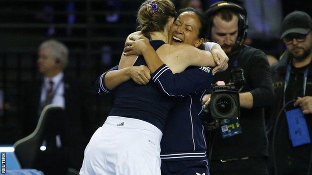 Anne Keothavong and Alicia Barnett celebrate Britain's Billie Jean King Cup win over Spain