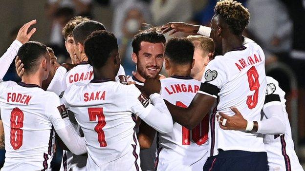 Ben Chilwell celebrates scoring for England