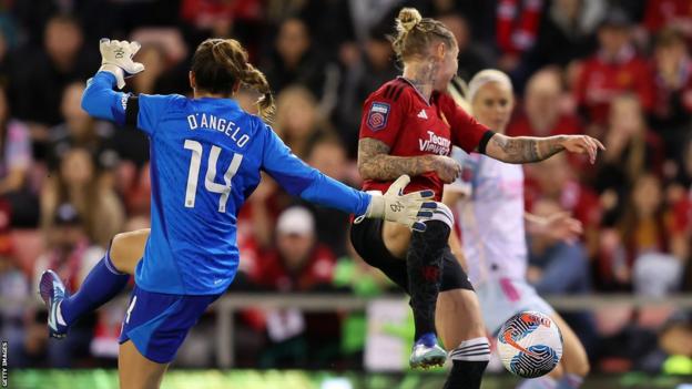 Sabrina D'Angelo misses a clearance for Arsenal against Manchester United