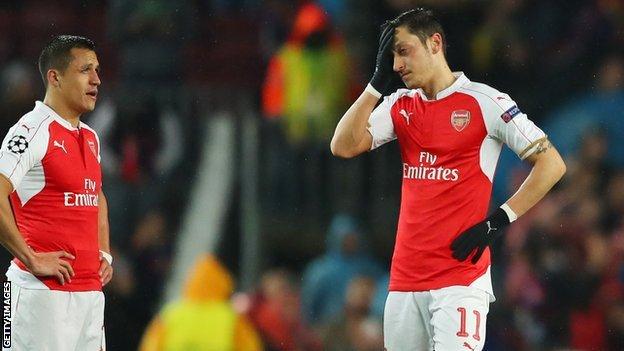 Mesut Ozil looks disconsolate during Arsenal's Champions League defeat by Barcelona