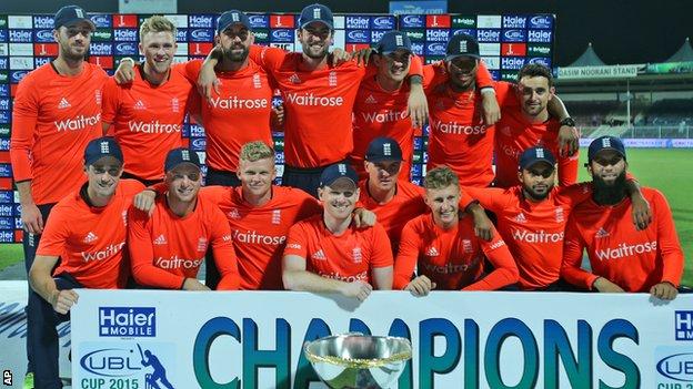 England celebrate winning the T20 series against Pakistan in the UAE