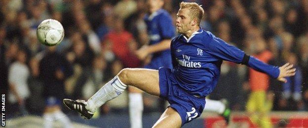 Eidur Gudjohnsen of Chelsea has a header on target during the Uefa Cup first round first leg match against Levski Sofia played at Stamford Bridge, in London. Chelsea won the match 3-0.