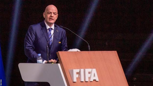 Fifa president Gianni Infantino talks to delegates in Kigali, Rwanda after being re-elected
