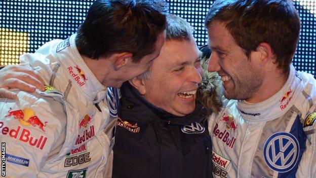 Julien Ingrassia of France with Jost Capito Team Principal of the Volkswagen Motorsport WRT and Sebastien Ogier of France celebrate the success in the final podium during Day Three of the WRC Sweden
