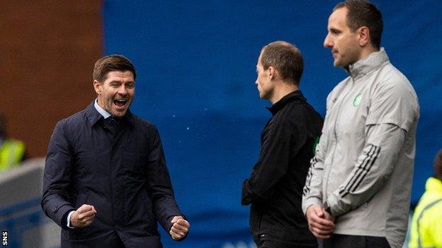 Rangers manager Steven Gerrard celebrates against Celtic