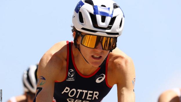 Great Britain's Beth Potter in action on the bike at an earlier World Triathlon Series event in Cagliari in 2023