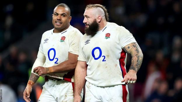 Joe Marler and Kyle Sinckler chat while playing for England