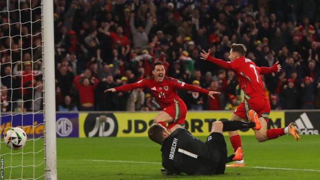 David Brooks celebrates with Wales teammate Connor Roberts