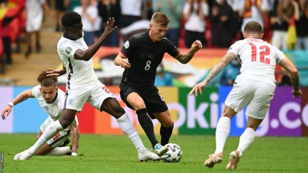Germany midfielder Toni Kroos is pressed by three England players during their Euro 2020 last-16 tie at Wembley
