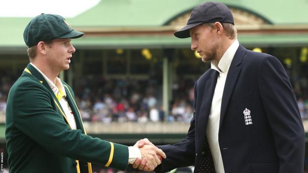 Then Australia captain Steve Smith (left) and then England captain Joe Root (right) shake hands during the 2017-18 Ashes