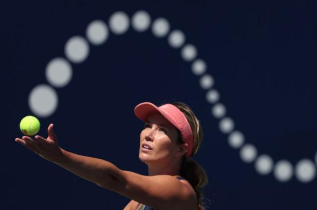 Danielle Collins serves against Caroline Garcia in the quarter-finals of the San Diego Open
