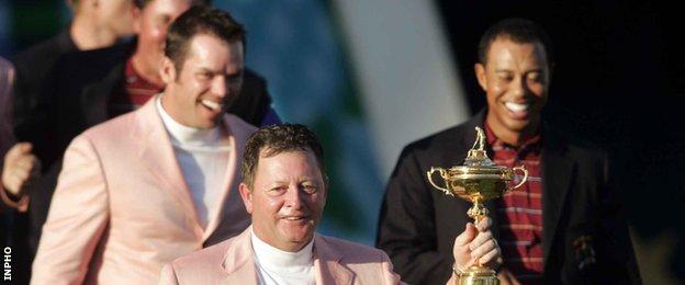 Tiger Woods with Paul Casey and European captain Ian Woosnam at the Ryder Cup closing ceremony in 2006