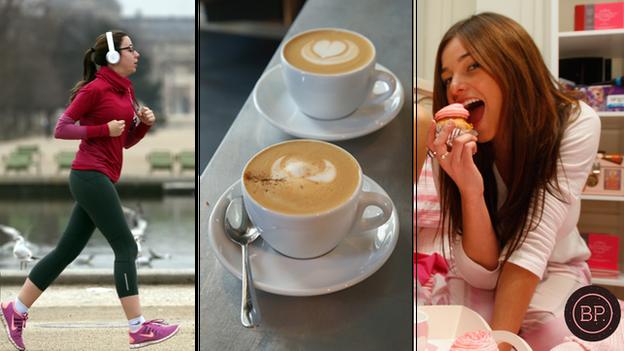 woman running, 2 coffee cups and woman eating a cupcake