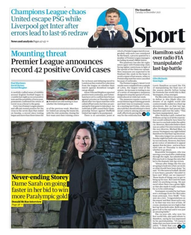 Tuesday's Guardian back page with the headline 'mounting threat Premier League announces record 42 positive Covid cases'