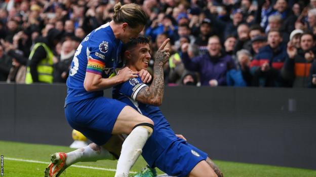 Enzo Fernandez of Chelsea celebrates with team-mate Conor Gallagher