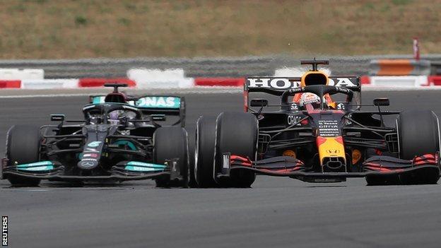 Lewis Hamilton and Max Verstappen on track at the French Grand Prix