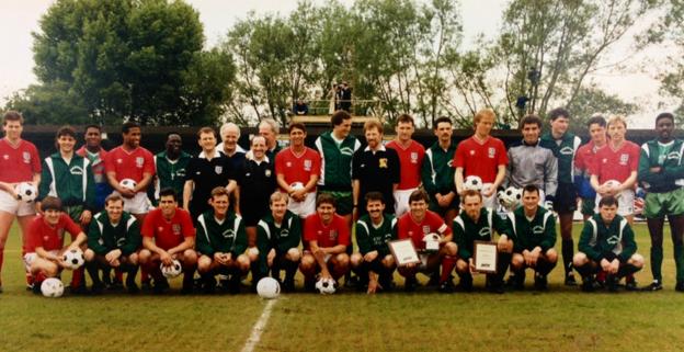 England and Aylesbury United players line up together before a warm up match on 4 June 1988