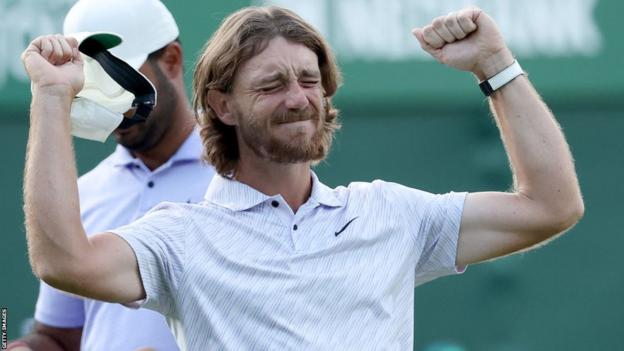 Tommy Fleetwood celebrates winning the Nedbank Challenge in South Africa